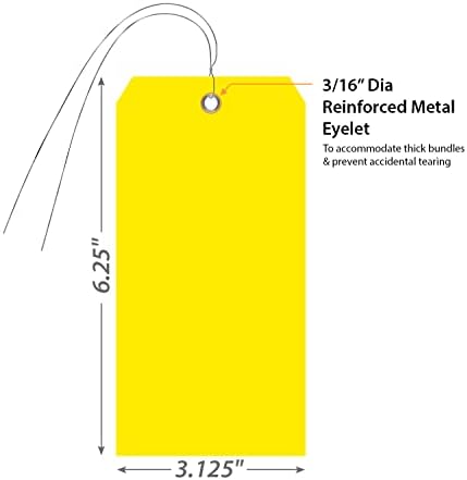 Tags de plástico amarelo de design inteligente com fios, 6,25 x 3,125 polegadas, ilhas de metal, 10 mil de plástico polilito à prova