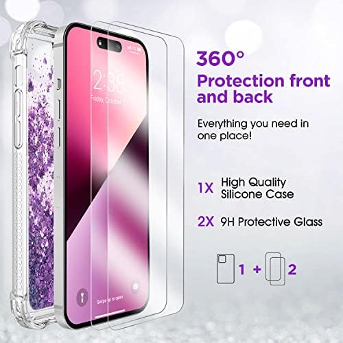 ANSHOW iPhone 14 Pro Max Case for Women Girls Liquid Glitter Case, [com dois protetores de tela] Cutelos de telefone brilhantes brilhantes e brilhantes para iPhone 14 Pro Max Caso Clear, Purple