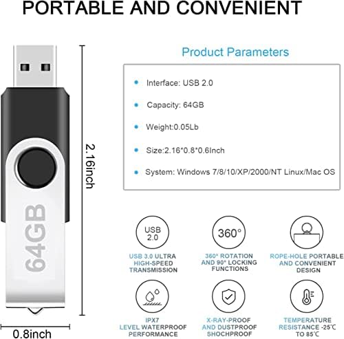 64 GB USB Memory Stick com design giratório de 360 ​​°, unidade flash multifuncional, mini polegar para armazenamento de dados