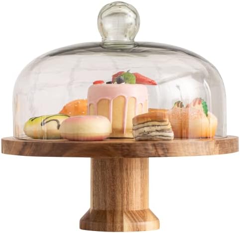 Acacia Wood Bolo Stand com vidro de cúpula para bolos, doces, queijo, cupcakes - suporte de bolo elegante de 11,4