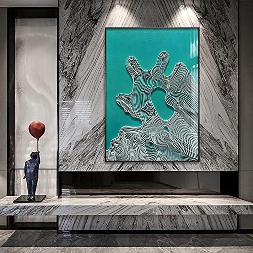 Pintura decorativa tridimensional da sala de estar, estilo abstrato de luxo pós-moderno, feito à mão, moldura de metal com pintura decorativa de parede de vidro, verde, 35.4x53in