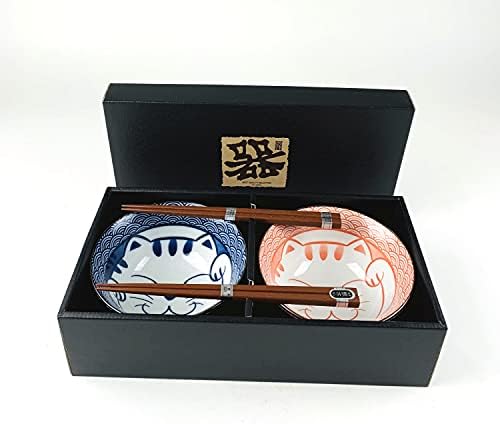 JapanBargain 4695, tigelas de sopa e pauzinhos de porcelana japoneses, tigelas de arroz com padrão de gato, cor azul