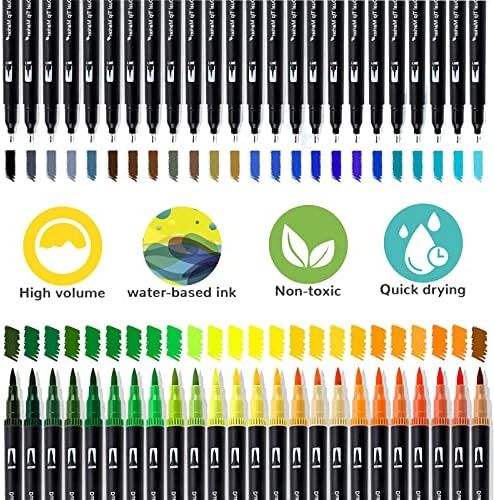 Yywangart Dual Brush Marker canetas, 60 cores Marcadores de arte definida com ponta fina e ponta de escova para crianças para colorir adultos bullet diário de diário.
