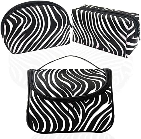 Bolsa de maquiagem Kazzha 3 PCs Viagem Bolsa de cosméticos Conjunto de couro impermeável Bolsa de escova de maquiagem Caixa de bolsa de higieness portátil grande saco de armazenamento para mulheres meninas, zebra preta
