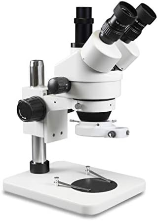 Parco Scientific PA-1FX-IFR09W TRINOCULAR ZOOM Microscópio estéreo | 10x ocular de campo largo | 0,7x - 4,5x Faixa de zoom, faixa de ampliação de 3,5x - 45x, lente de barlow 0,5x | Suporte de pilar | 144 luz do anel liderada