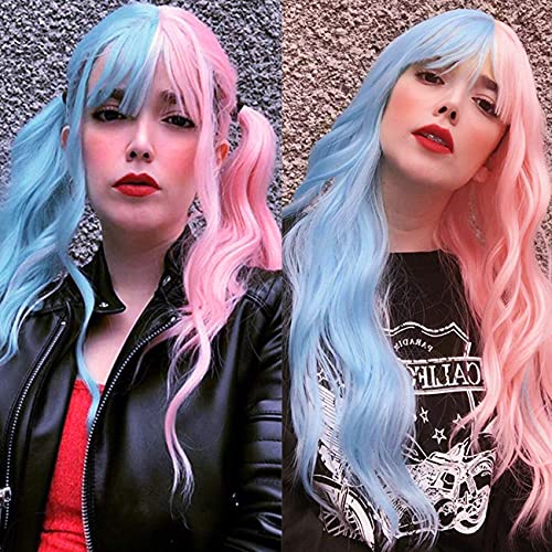 Kamimasu azul a rosa Substituição de cabelo sintético de dois tons Lolita Wig com franja resistente ao calor Nenhum perucas de renda de renda peruche