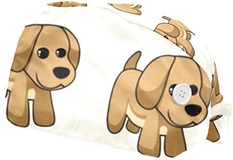 Capace de trabalho de padrão de cachorro marrom com botões e banda de moletom, amarra ajustável para trás, chapéus bufantes
