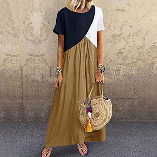 Vestido maxi de bloco de cores para mulheres de verão casual boho vestidos de festa de praia fluxos de manga curta solta e tamanho longo vestido longo