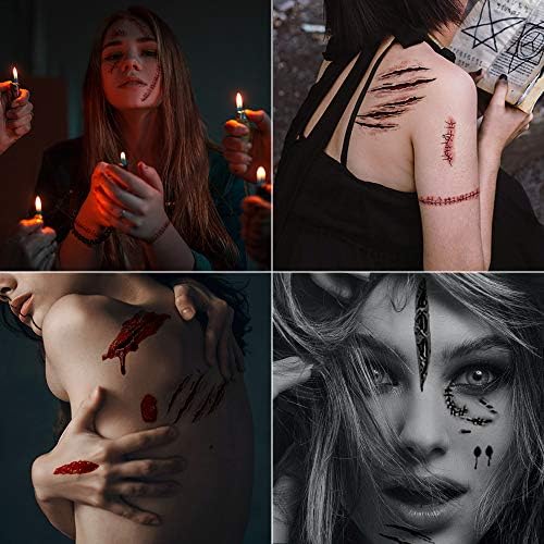 Tatuagens temporárias de Halloween, 24 folhas, ferimentos falsos adesivos de cicatriz de tatuagem temporários, decorações realistas