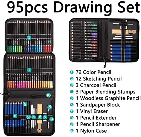 Lápis de esboço para o conjunto de desenhos para adultos 95 kit de desenho de embalagem com desenho de esboço Kit de lápis de esboço para adolescentes artistas iniciantes com estojo de viagem portátil