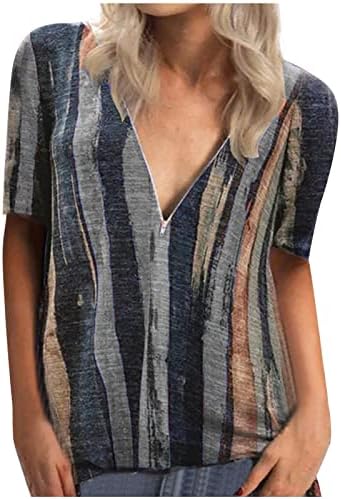 Tampas de tinta de tie vintage para mulheres camisetas listradas de verão, camiseta curta de manga curta zíper em bloco de bloco colorido bloco superior