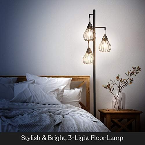 Lâmpada de chão LED Brightech Teardrop - Lâmpada de árvore com 3 cabeças de gaiola elegante e lâmpadas Edison - Lâmpada de pé para salas de estar e escritórios - Lâmpada alta de pé ideal para leitura do quarto - preto