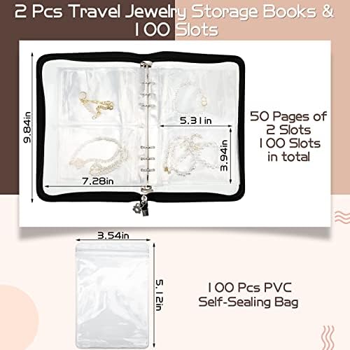 2 PCs Transparent Jewelry Storage Book Organizador de jóias Clear Binder Jóias com zíper Saco de viagem com 100 slots e 100 bolsa de PVC para colar de anel Bracelet Stud Stud