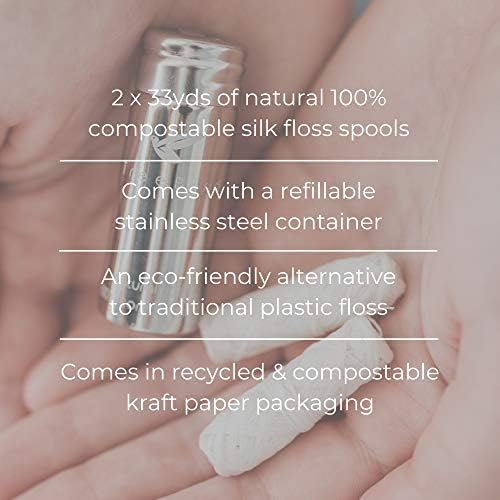 Floco dental biodegradável | Dispensador de aço de lixo zero e reutilizável e reutilizável | 2x333yd Cerou a crueldade natural livre