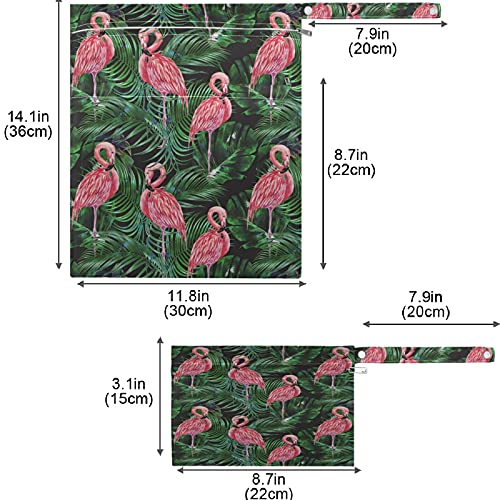 VISESUNNY PINK FLAMINGO PALM FOLHA 2PCS SACO molhado com bolsos com zíper Saco de fraldas espaçosas reutilizáveis ​​para