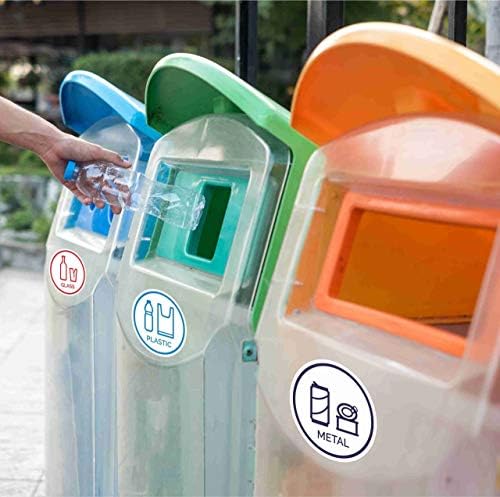 6 Pacote de vidro, papel, plástico, metal, lixo, adesivos de sinal de reciclagem - Logos de reciclagem de decalque de vinil auto -adesivos - lixo ecológico pode sinais - 6 - uso interno e externo - impermeável e protegido por UV