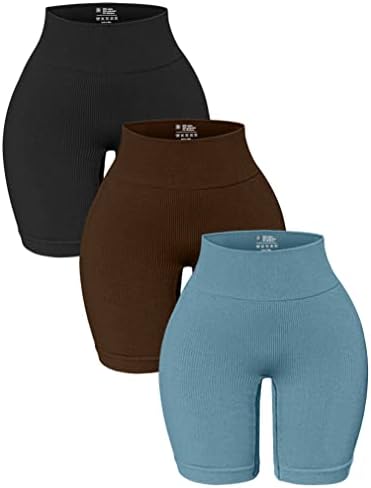 OQQ 3 Pacote de shorts de ioga de cintura alta para mulheres com nervuras de controle de barriga sem costura Treino