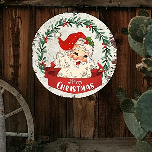 Decstic Welcome Sign Feliz Natal com Papai Noel Round Aluminium Sign Santa Claus Mistletoe Wreath Sign On Christmas Joy Tin
