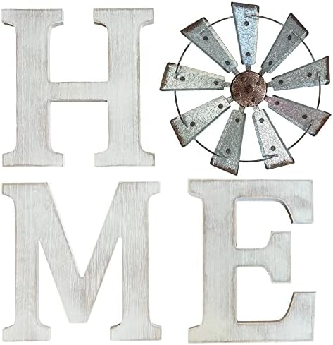 Farmhouse Wall Decor Letters Home Sign com moinho de vento de metal rústico, letras de madeira branca ou de nogueira vintage,