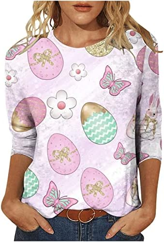 2023 3/4 Manga de algodão gráfico de pescoço gráfico feliz lounge páscoa ovo de páscoa camiseta para feminino camisa de outono de verão