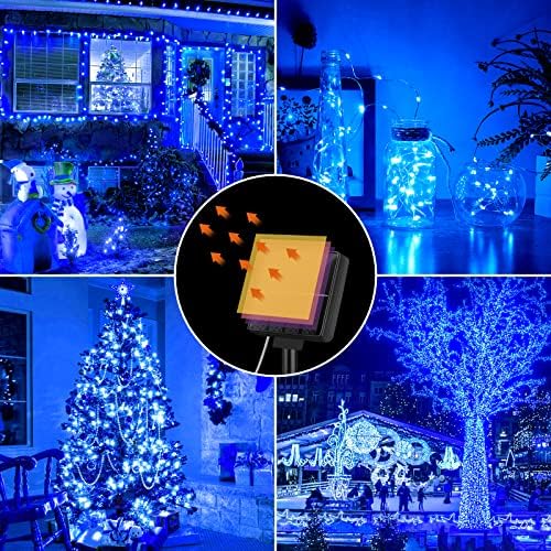 Luzes solares solares azuis brilhantes 288 pés e 4 pacotes de 72 pés 200 LEDs LEDs solares Luzes de fadas com 8 modos, lascas de arame lâmpadas para pátio de Natal decoração de árvore de jardim