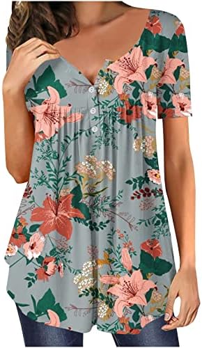 Tops plissados ​​para feminino 2023 Ocultar túnica de túnica floral Flowy Henley Tshirt Botão de manga curta Crewneck Bloups
