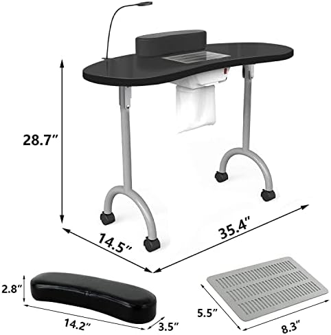 Tabu Manicure Portable Manicure, mesa de manicure dobrável com ventilador de coleta de poeira, lâmpada de LED, 4 rodas trancáveis