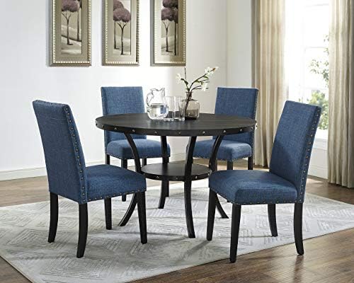 Roundhill Furniture Biony Blue Fabric Cadeiras de jantar com acabamento na cabeça de unha, conjunto de 2