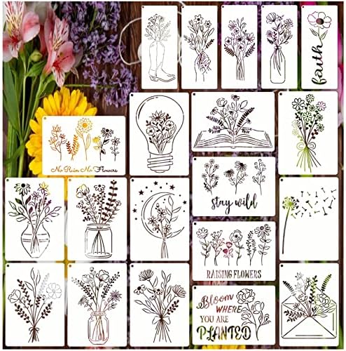20 estênceis de flores para pintar estêncil de bouquê floral grande de flores silvestres para pintura em madeira de queima de