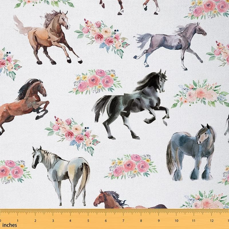Feelyou Horse Fabric by the Yard, tecido de estofamento floral galopando, tecido de decoração de animal fofo, flores botânicas