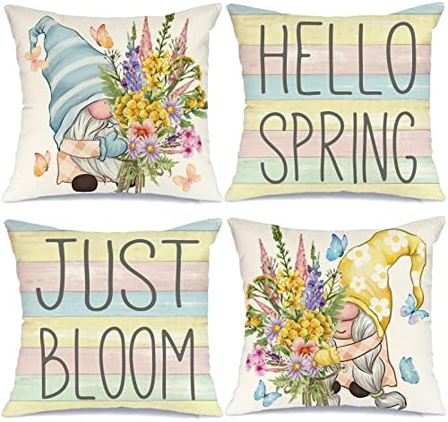Capas de travesseiros de primavera de nerds 18x18 Conjunto de 4 decorações de primavera para casa Hello Gnomes Spring