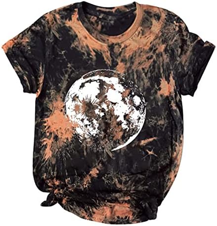 Tops de verão feminino Casual vintage solto tie tying tingra sol lua de lua com manga curta camiseta de camiseta de camiseta