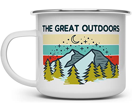 A caneca de café da fogueira de esmalte ao ar livre, copo de acampamento de aventura de montanha, vida selvagem no presente de