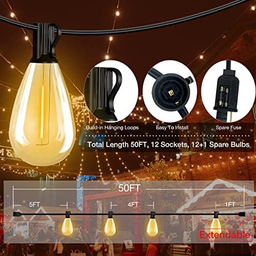 Lâmpadas inteligentes de dia de dia, lâmpadas Bluetooth com controle de aplicativos, lâmpadas de alteração de cor RGBCW LED （6 contagem） e luzes de cordas externas LEDs 50 pés, lesmas de pátio à prova d'água penduradas