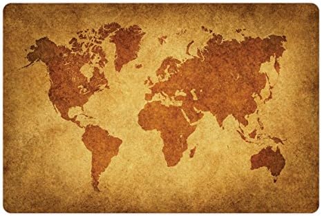 Mapa mundial lunarable tapete de estimação para alimentos e água, mapa do mundo vintage pano de fundo retro antigo gráfico de terra histórica boho, retângulo de borracha sem deslizamento para cães e gatos, âmbar laranja âmbar