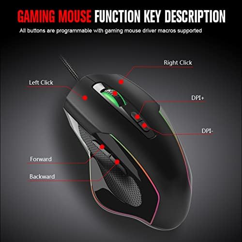 Yolispa Wired Mouse 7- Mouse de jogos programáveis ​​para macro key com luz respiratória 6400dpi ajustável para o trabalho