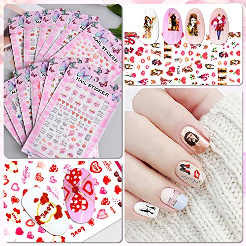Ebanku 12 lençóis Decalques de adesivos para unhas do Dia dos Namorados, Rosas de coração Múltiplo Design Nail Art Stickers Auto-adesivos adesivos de unhas Decoração para mulheres meninas namorando as unhas