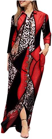 Vestido de camisas de mulheres retrô, caça casual com estampa de leopardo maxi vestido de manga comprida gola virada para baixo vestido longo