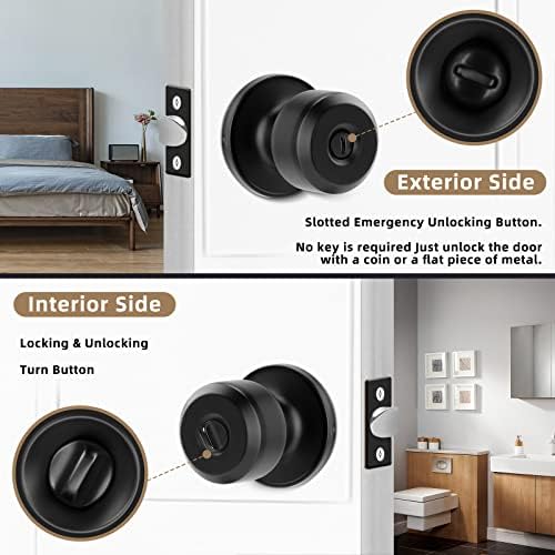 Neuermond 12 embalagem maçaneta de porta de privacidade Matte Black Interior Porta Lockless sem chave Lock Round Lock para quarto, banheiro, garagem, hardware e instruções incluídas