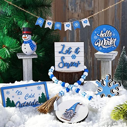 13 PCs de inverno Decoração de bandeja em camadas de fazenda Gnome Gnome Conjunto de bandeja Snowflake Sign de madeira Signo de madeira de inverno para decoração de mesa de férias, floco de neve