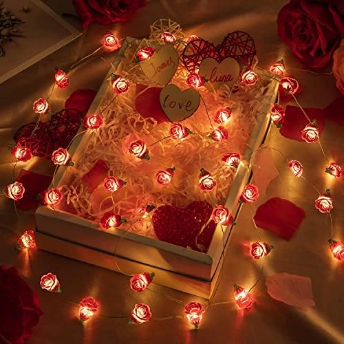 Luzes de cordas de rosa vermelha romântica de namorado, 30 LED 10 pés Decoração de fadas interna com timer, aniversário de