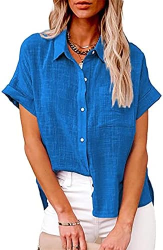 Jgjjugn linho de algodão feminino camisetas para baixo, lapela v pescoço de manga curta blusa casual de túnicos de túnica com bolso com bolso