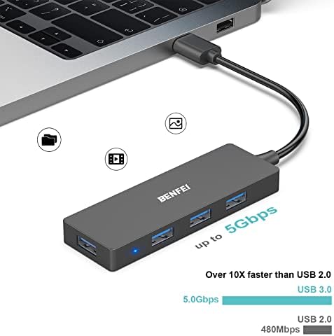 Benfei 2 pacote USB 3.0 Hub 4 portas, Ultra-Slim USB 3.0 Hub compatível para MacBook, Mac Pro, Mac mini, IMAC, Surface Pro, XPS, PC, Flash Drive, Mobile HDD