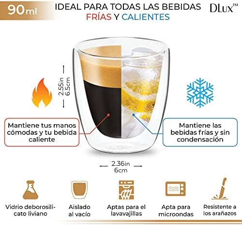 Dlux Espresso Copos de café 3 onças, parede dupla, conjunto de vidro transparente de 2 copos, caneca de chá de chá de copos de borossilicato isolada
