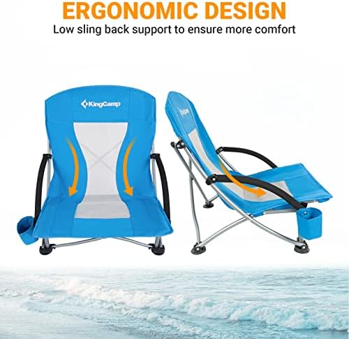 Cadeiras de praia dobráveis ​​de Kingcamp Low para adultos, cadeira portátil de estilingue de baixo portátil com apoio de cabeça, porta -copos, apoio de braço de bolsa, cadeira dobrável para viagens de concerto de acampamento de areia, 300 libras