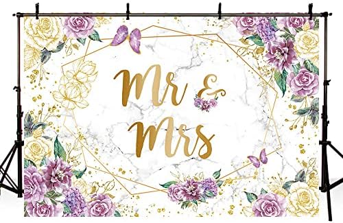 Aibiin 7x5ft MR e Sra. Floral Marble Cenário para o chuveiro de noiva Flores roxas Fotografia de borboleta Background