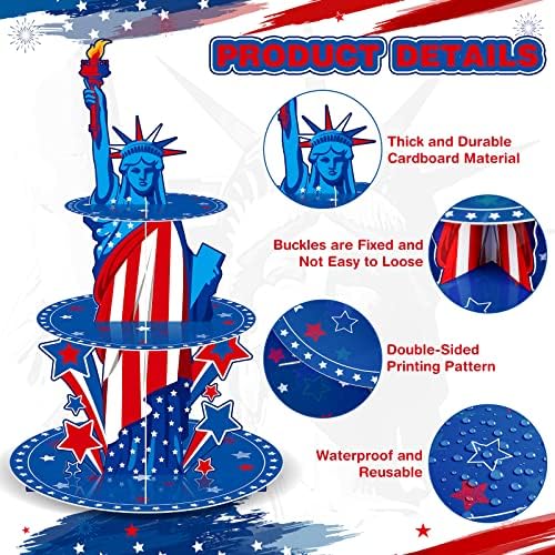 Roshtia 4 de julho Cupcake Stand 3 Nível patriótico Cupcake Titular do Dia da Independência Estátua do Liberty Sobremes