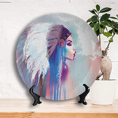 Placas de cerâmica Ligutars, placas de cerâmica decorativa americana tribal, cachimbo fumegante com roupas tradicionais, 6 polegadas, para jantar, festas, casamento, multicolor