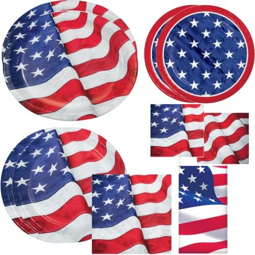 American Flag Memorial Day Pacotes de Dinina -Aprensação Patriótica | EUA Red White e Blue Stars Stripes 4 de julho de festas de festas de mesa de mesa de mesa de mesa, pratos de papel e guardanapos para 16 convidados
