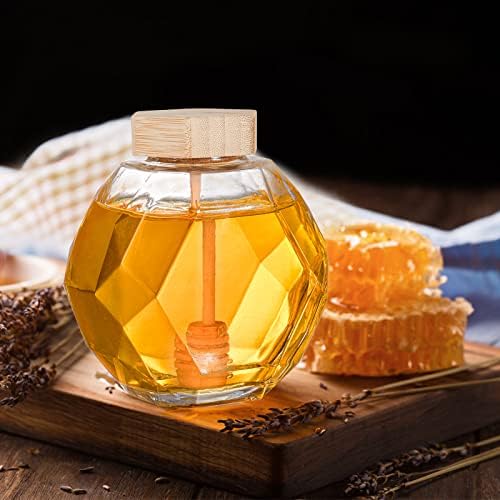 Wuweot 4 pacote jarra de mel, dispensador de recipiente de mel de mel de vidro de 12 oz com mergulhão de madeira e tampa de